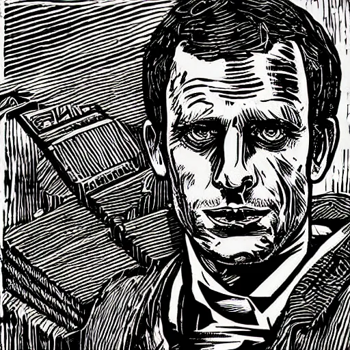 Prompt: woodcut portrait of robot emmanuel macron falling in the sun, 4k, sharp focus, Andreas Rocha