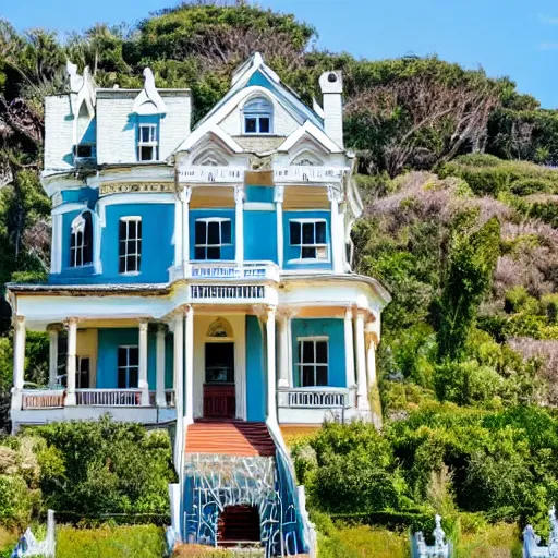 Prompt: a victorian style 2 story house on top of a hill surrounded by an ocean full of sharks