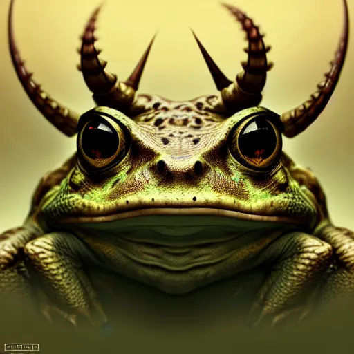 Prompt: horned bullfrog. highly detailed, digital painting, artstation, concept art, illustration, by ken saito, lya pilnev, siwoo kim, christophe young, anna podedworna, yin zhen chu, zeronis, magdalena radziej,