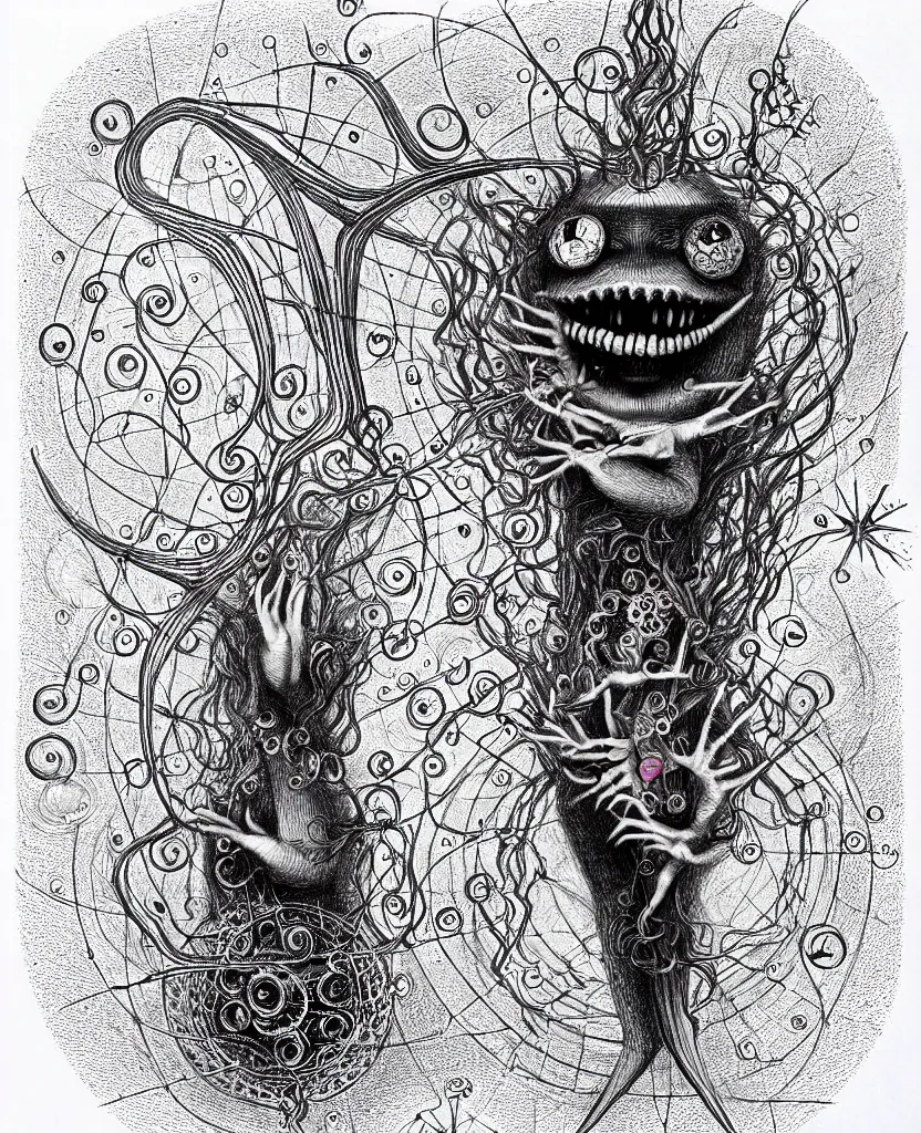 Image similar to whimsical freaky creature sings a unique canto about'as above so below'being ignited by the spirit of haeckel and robert fludd, breakthrough is iminent, glory be to the magic within, ballpoint drawing by ronny khalil