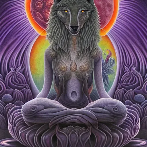 Image similar to an athromorphic wolf character meditating in a zen garden with a waterfall under the blood moon, by Adi granov and afarin sajedi and amanda sage and evgeni gordiets and Agostino Arrivabene in a psychedelic portrait style, ultrarealistic matte painting, volumetric lighting, fractal, extremely symmetrical, highly detailed face, orisha, 8k, hd