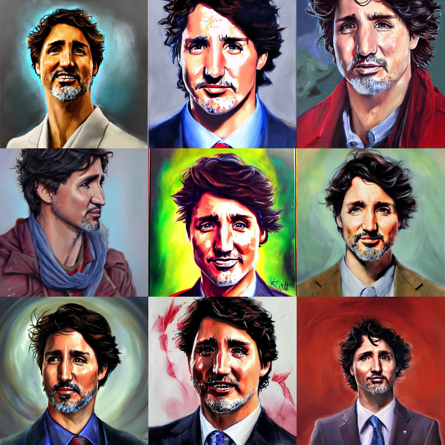 Prompt: portrait painting of justin trudeau, headshot, in the style of Franz Hals and Jon Foster and Ayami Kojima and Amano and Karol Bak,