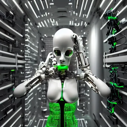 Image similar to the torso of fully a mechanical terminator lady with borg implants, human face and robotic snakes coming out of her head is hanging from cables and wires off the ceiling of an futuristic computer lab and plugged into a quantum computer. Her bottom half is missing with cables hanging out. She is taking a sip from a cup of coffee. Tiny green led lights in her cybernetics. very detailed 8k. Cyberpunk horror style.