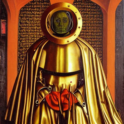 Image similar to a portrait of a shiny metallic renaissance robot, in the style of Jan van Eyck,