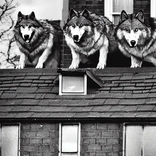 Prompt: wolf monsters sitting on the roof of a house in britain watching a pair of children walk down the road