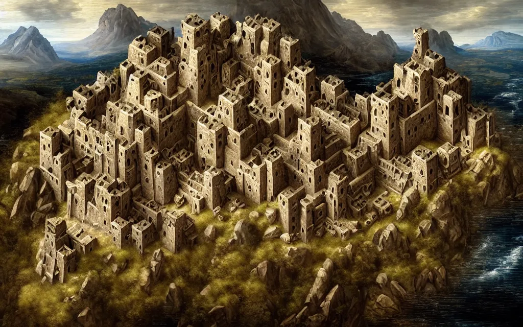 Image similar to aerial view of a dwarven fortress chiseled into the side of a mountain, a baroque oil painting, ominous, epic, medieval fantasy landscape, deep halls, runes, torches, waterwheels, windmills, ornate jewels, trading depots, extremely detailed, sharp focus