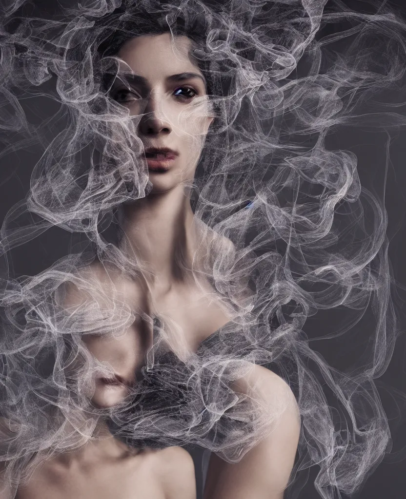 Prompt: portrait of a beautiful woman, smoke tendrils, a string structure, chaotic ferrofluids, occult, octane render, glow, dramatic lighting, intricate fine ornaments, translucent, lighting 8k, cinematic, blur, shallow depth of field, neuro web, plasma