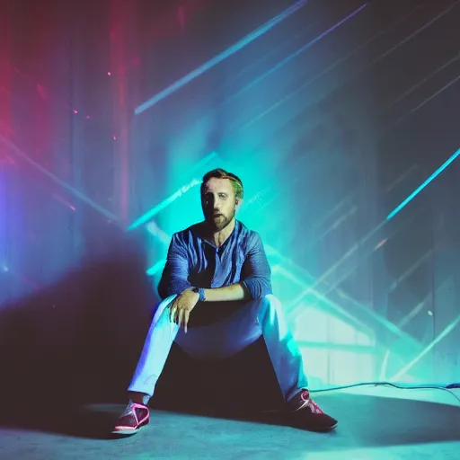 Prompt: Studio photography of Ryan Gosling, blue neon lights behind him