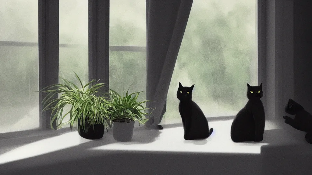 Prompt: peaceful dreamy painting of a black cat and a tabby cat sitting by a window and looking outside, sunshine coming through the window, small plants on the window sill, 8k, hyper realism, trending on artstation, octane render