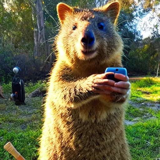 Image similar to happy quokka taking a selfie and smoking a big cannabis joint, golden hour, ultra realistic