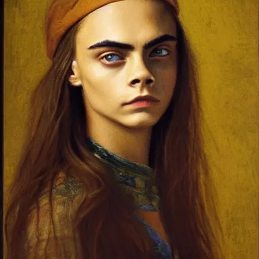 Prompt: cara delevingne, oil painting by leonardo da vinci