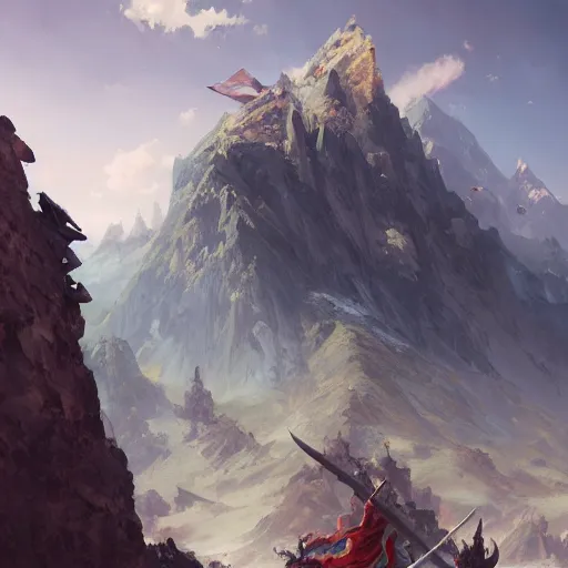 Prompt: mountain made of swords, sunny day, matte painting, bold shapes, hard edges, street art, trending on artstation, by huang guangjian, gil elvgren, ruan jia, randy vargas, greg rutkowski