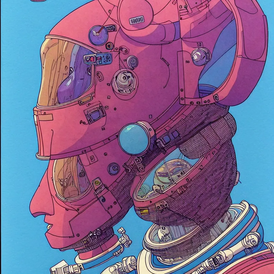 Image similar to ( ( ( ( an astronaut bust shot, with decorative frame design ) ) ) ) by mœbius!!!!!!!!!!!!!!!!!!!!!!!!!!!, overdetailed art, colorful, artistic record jacket design