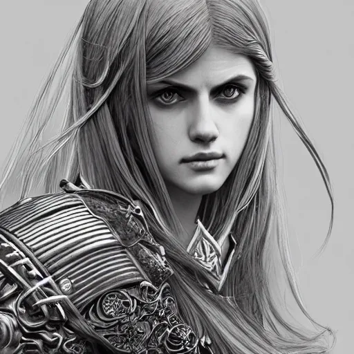 Prompt: alexandra daddario as a long - red - haired female knight as an absurdly beautiful, elegant, young sensual anime girl,, ultrafine hyperrealistic detailed face illustration by kim jung gi, irakli nadar, intricate linework, sharp focus, bright colors, matte, final fantasy, unreal engine highly rendered, global illumination, radiant light, intricate environment