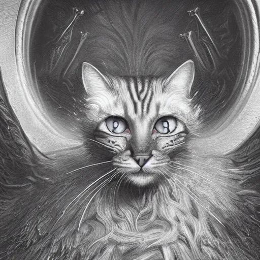 Prompt: photorealistic demonic cat in the style of michael whelan and gustave dore. hyperdetailed photorealism by greg rutkowski. 1 0 8 megapixels, 3 d finalrender, cinematic lighting