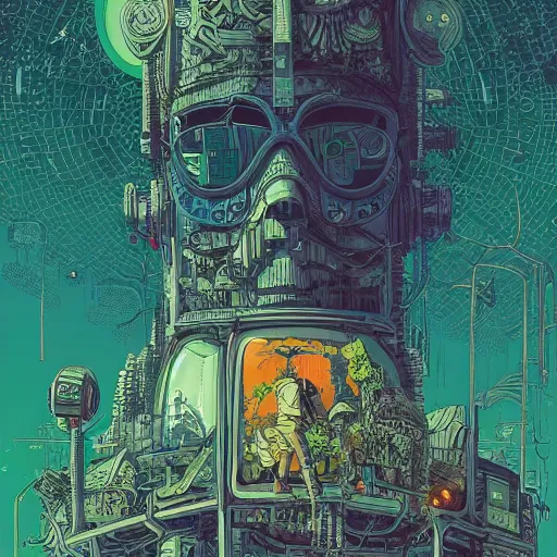 Image similar to Stunningly intricate illustration of a single cyberpunk explorer overlooking a gigantic decaying robot head in a lush forest, highly detailed, midnight, by Victo Ngai and James Gilleard , Moebius, Laurie Greasley