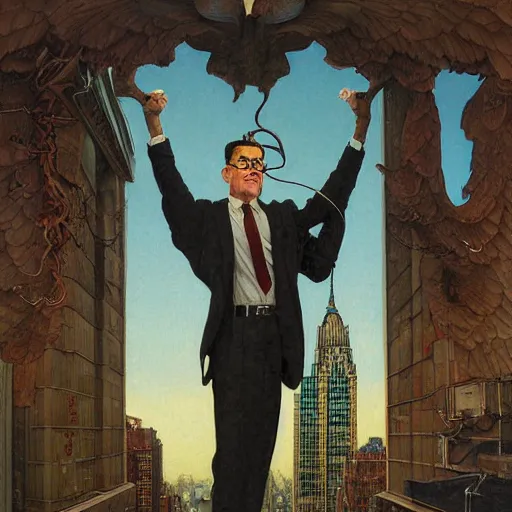 Prompt: marvelous detailed portrait of a strong winged Nephilim Hank Hill Man with a halo standing above new york city. peter mohrbacher norman rockwell heorhiy narbut jessie wilcox smith beatrix potter joseph leyendecker acrylic painting