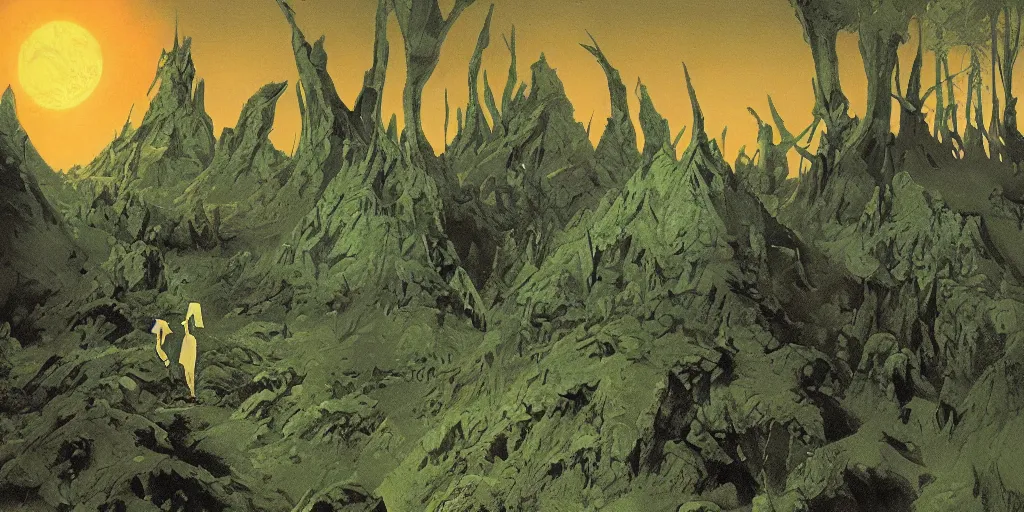 Image similar to Artwork by Dean Ellis of the cinematic view of the Celestial Forest of Buried Enchantments.