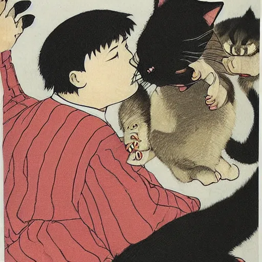 Prompt: an art piece of people getting eaten by a giant cat tsuguharu foujita