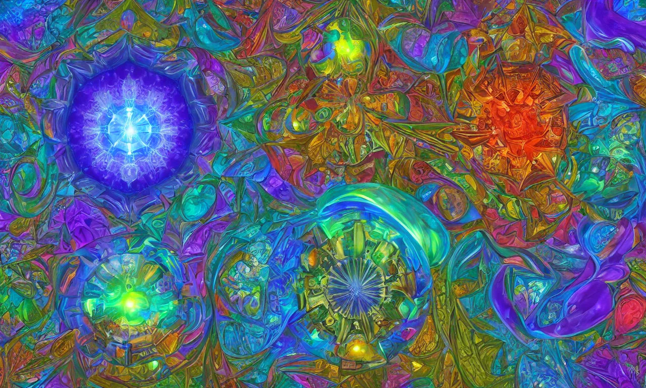 Image similar to voronoi engine laboratory 3 d volume kaleidoscope mandala fractal chakra digital multicolor stylized concept substance by artgerm, rossdraws, norman rockwell, magali villeneuve, gil elvgren, alberto vargas, earl moran, enoch bolles radiating a glowing aura global illumination ray tracing hdr