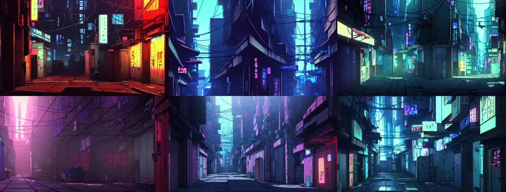 Prompt: a close up of a city alleyway in the atmospheric cyberpunk anime film, neon noir, at night with neon lights, by makoto shinkai, in the anime film ergo proxy
