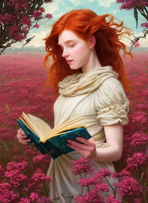 Prompt: an epic fantasy comic book style portrait painting of a young red headed girl reading a book in a field of flowers surrounded by bees, d & d, fantasy, intricate, elegant, highly detailed, digital painting, artstation, concept art, matte, sharp focus, illustration, art by artgerm and greg rutkowski and alphonse mucha