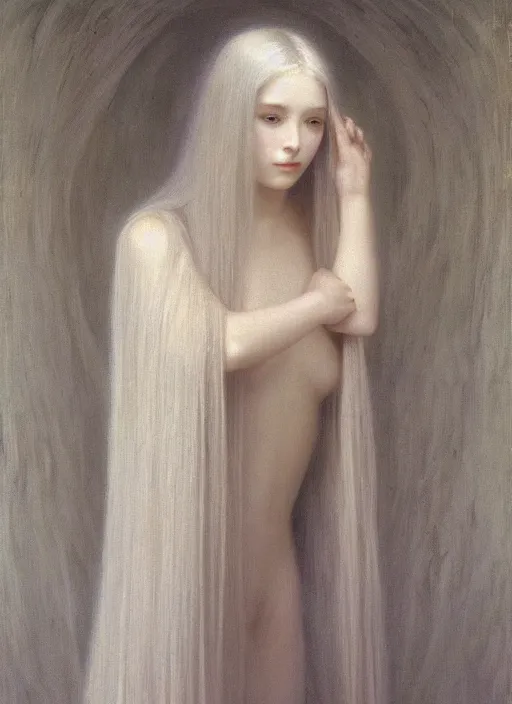 Image similar to thin young beautiful girl with silver hair, pale!, wearing white robes!, wearing hair, golden goddess, young cute wan korean face, silver hair!!, oil on canvas, style of jean delville, 4 k resolution, aesthetic!,