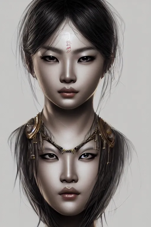 Image similar to a portrait of an asian goddess, detailed, realistic eyes, symmetry features proportions, intricate facial details, cybertech wear, award winning, trending in cgsociety artstation deviant art