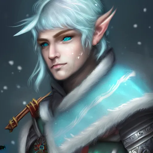 Prompt: handsome male snow elf archer portrait, turquoise cape and silver ornate armour as an archer, magical tundra background, albino skin, perfect face, very coherent symmetrical artwork, trending on artstation, award - winning