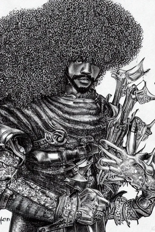 Image similar to black man with afro hair and raspy beard stubble as a knight, highly detailed, anatomically correct, black and white, manga, art by kentaro miura