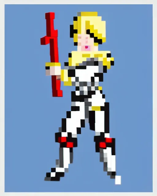 Prompt: a pixel single sprite of a girl holding a sword, in white futuristic armor, pixel art, isometric, 3 2 x 3 2, 2 d game art, 1 6 bit, dynamic pose, # pixelart