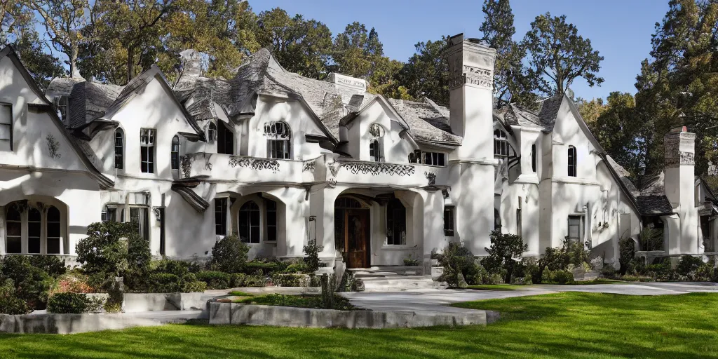 Image similar to stucco tudor with wood and tile white black mansion by mcalpine house, by jackson & leroy architects