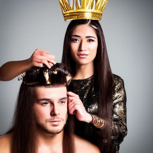 Prompt: handsome man with shiny and silky long hair getting hair styled by a hair queen wearing a golden crown studded with diamonds, studio lens