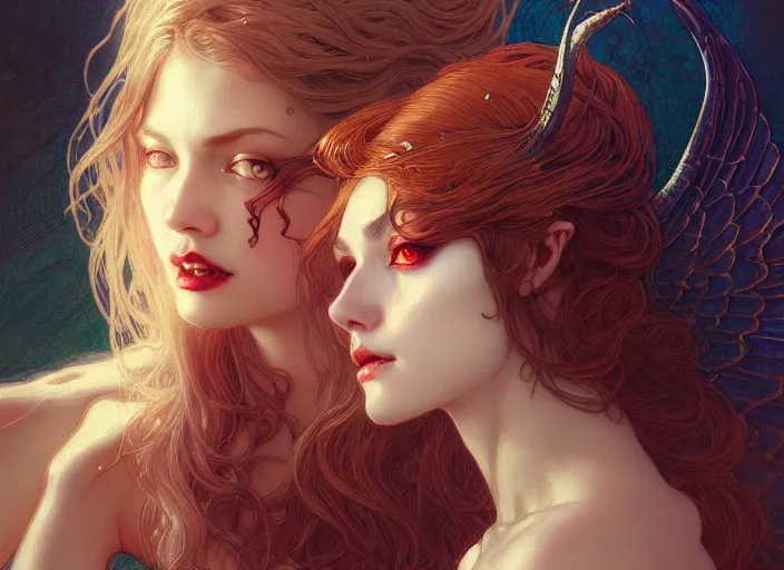 Image similar to portrait of demonic woman and angelic woman, confident pose, pixie, genshin impact, intricate, elegant, sharp focus, soft bokeh, illustration, highly detailed, concept art, matte, trending on artstation, bright colors, art by wlop and artgerm and greg rutkowski, mucha, giger, marvel comics