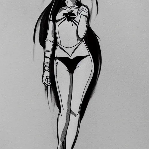 Image similar to beautiful aesthetic inspirational masterful professional ink pen liner sketch of a 1 9 9 0 s anime manga japanese girl posing in latex leotard, marvel style, concept art, fine details, trending on artstation, high quality paper, instagram photo. art university academy work, gnomon, calarts