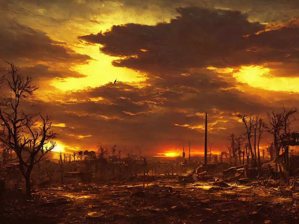 Prompt: a post apocalyptic atlanta landscape after a nuclear war, beautiful radioactive sunset lighting, beautiful painting, fallout 4, painted by albert bierstadt