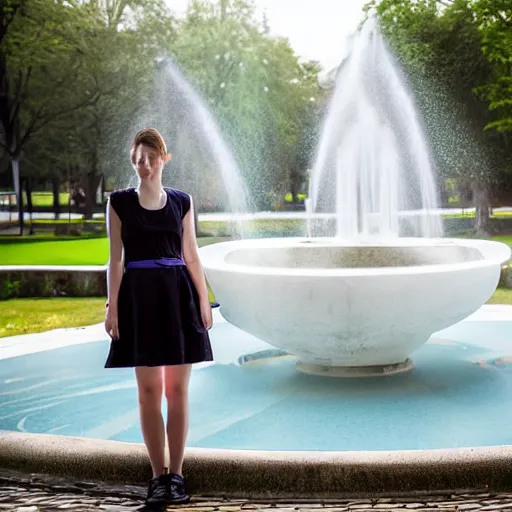 Image similar to a full body portrait of a European young maid standing in front of a fountain in a park, 8k, photo taken with Sony a7R camera, by William-Adolphe