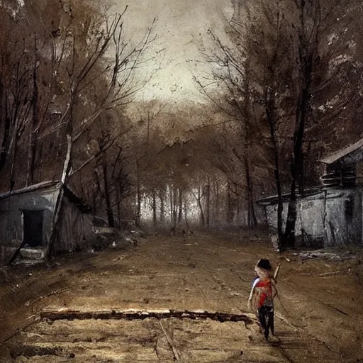 Image similar to painting by jakub rozalski of a child walking with a wheelbarrow in an abandoned post soviet town infested with root monsters