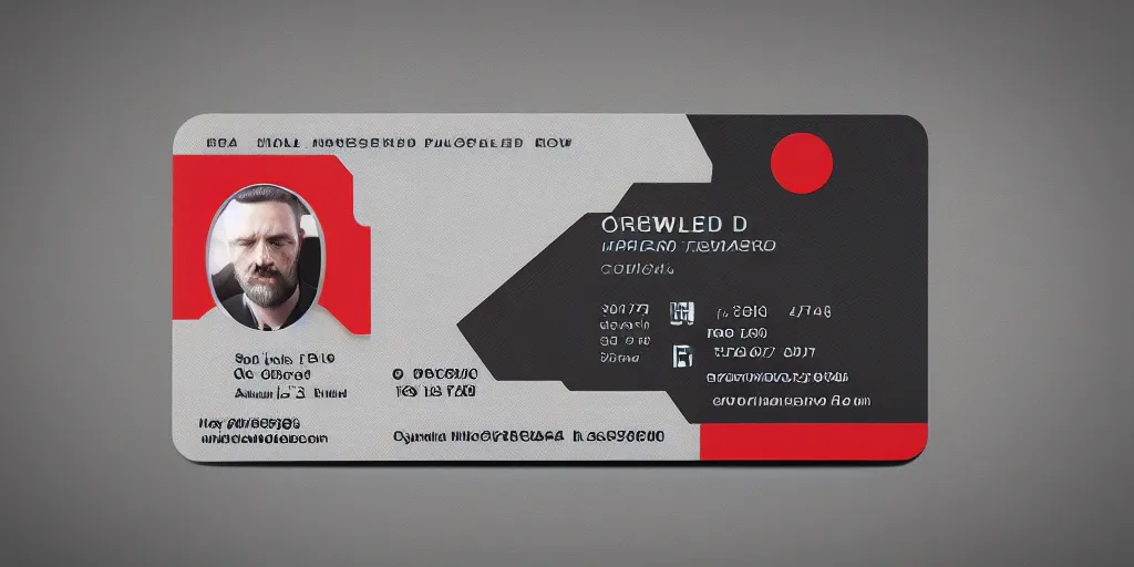 Image similar to Orwellian ID Card held by marketing professional, hyper detailed, terror glows, hyper realistic, digital painting, 8k, 35mm film grain, octane render