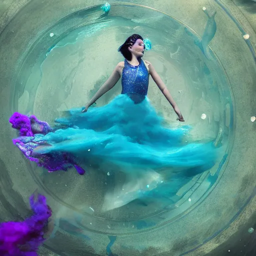 Image similar to beautiful realistic woman dancing underwater wearing a flowing dress made of blue, magenta, and yellow seaweed, delicate coral sea bottom, swirling silver fish, swirling smoke shapes, octane render, caustics lighting from above, cinematic