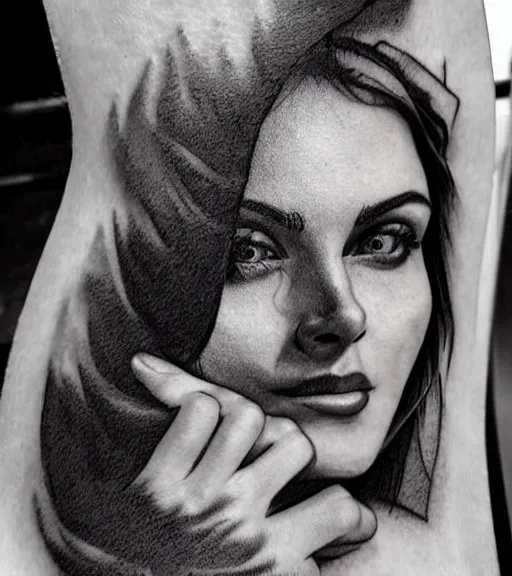 Prompt: amazing blend of a hyper realistic mountain scenery with a beautiful woman face, tattoo design sketch, in the style of matteo pasqualin, hyper - realistic, amazing detail, black and white