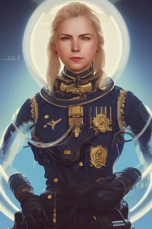 Image similar to beautiful front portrait of a female officer wearing a fancy naval uniform, science fiction, intricate detail, straight blonde hair, space background, trending on artstation, sharp focus, illustration, caustics, octane render, radiant light, 4 k, by artgerm, greg rutkowski, alphonse mucha