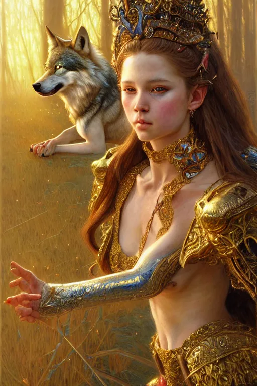 Image similar to highly detailed full shot portrait of a enchanted wolf in the form of a beautiful young princess. d & d, art by donato giancola and ruan jia and carl larsson and magali villeneuve. trending on artstation, intricate details, energetic composition, golden ratio, concept art, illustration, elegant art