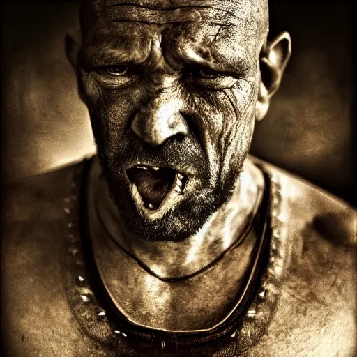 Prompt: Award Winning Portrait of an Orc Chieftain in Full Battle by Lee Jeffries