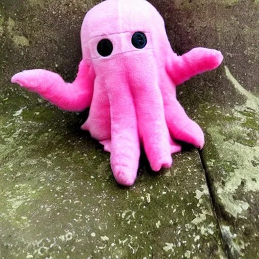 Prompt: A plush toy of a cute pink cthulhu