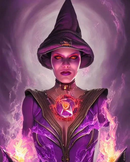 Prompt: pyromancer witch cover in purple flames, deep pyro colors, purple laser lighting, award winning photograph, radiant flares, realism, lens flare, intricate, various refining methods, micro macro autofocus, evil realm magic painting vibes, hyperrealistic painting by michael komarck - daniel dos santos