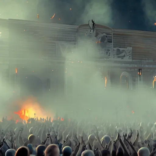 Image similar to the biggest mosh pit in the world, punks throwing Molotovs in the air, fighting, flame and fire, glowing upside cross, cinematic, epic, volumetric, godrays, dynamic lighting, dust flying up into the air, people shooting into the air with guns, octane render, photorealistic, unreal engine, artstation, artstation trending, artstation hq, artstation hd, Pinterest, 8k, ultra detailed, ultra realistic,