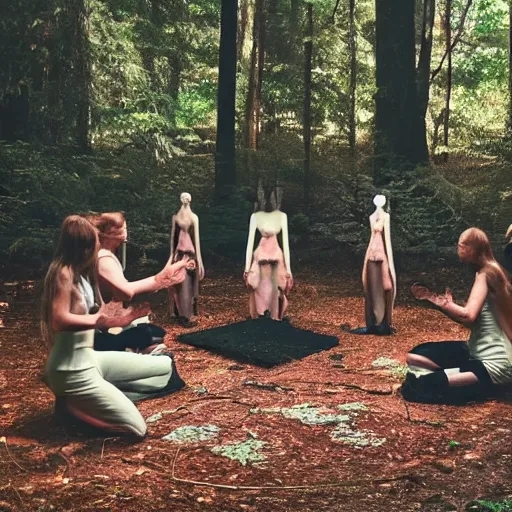 Prompt: a cult in a haunted forest performing an ancient alien ritual to summon a flying saucer