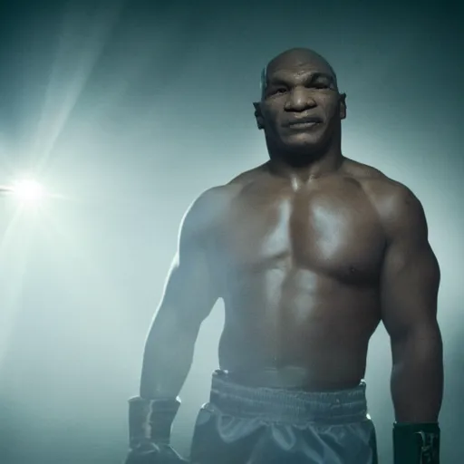 Image similar to a still of mike tyson, cinematic, 4 k, god rays through fog