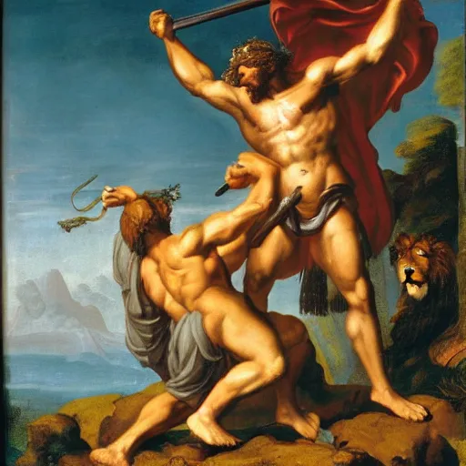 Prompt: hercules slaying the nemean lion